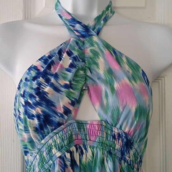 J. NNA Boho abstract print halter summer party pocket maxi dress Sz M NWOT - Picture 5 of 9